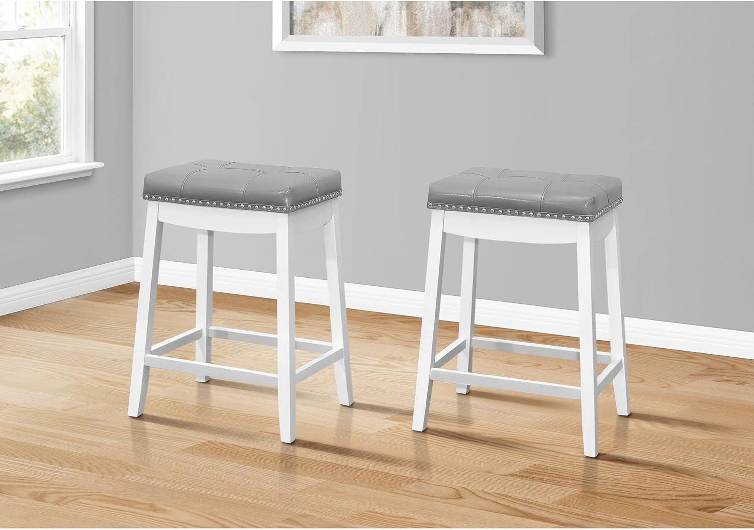 Monarch Specialties Bar Stool Set Of 2 Counter Height Saddle Seat Kitchen Wood Pu Leather Look White Grey Transitional