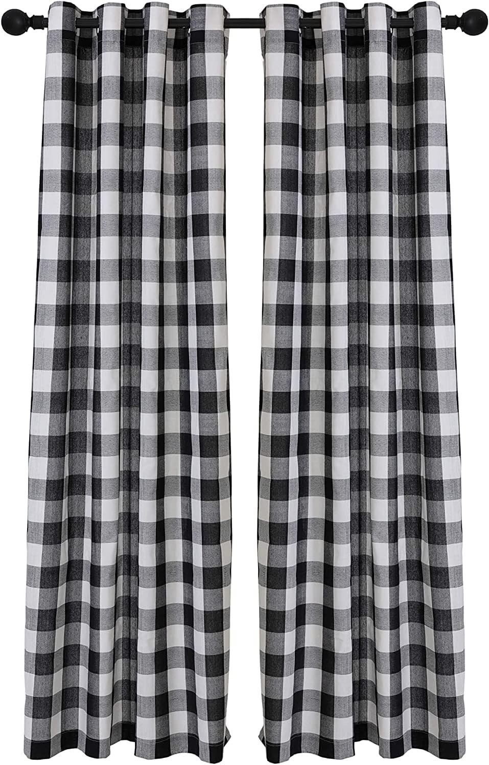 Creativesfun 2 Panels Checks Line Up Set Farmhouse Faux Linen Look Buffalo Plaid Grommet Window Curtain (Black & Cream, Panel 丨W53 X L84-INCH 2PCS)