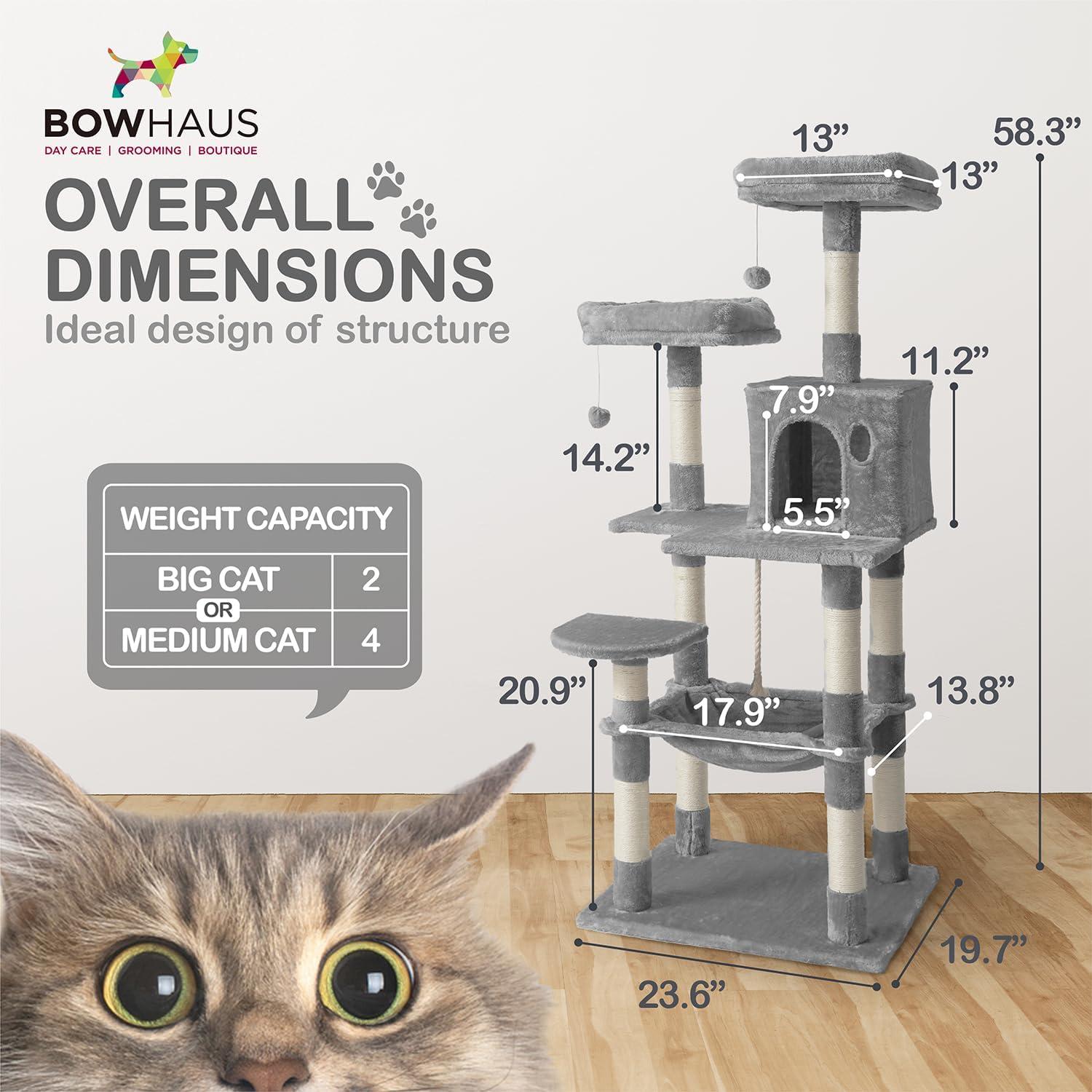 CAPHAUS Tall Cat Tree for Indoor Cats, Modern Cute 58-Inch Cat Climbing Play Tower with Top Perch for Large Cats Kittens, Multi-Level Cat Activity Tree w Scratching Posts, Hammock, Cat Cave Condo