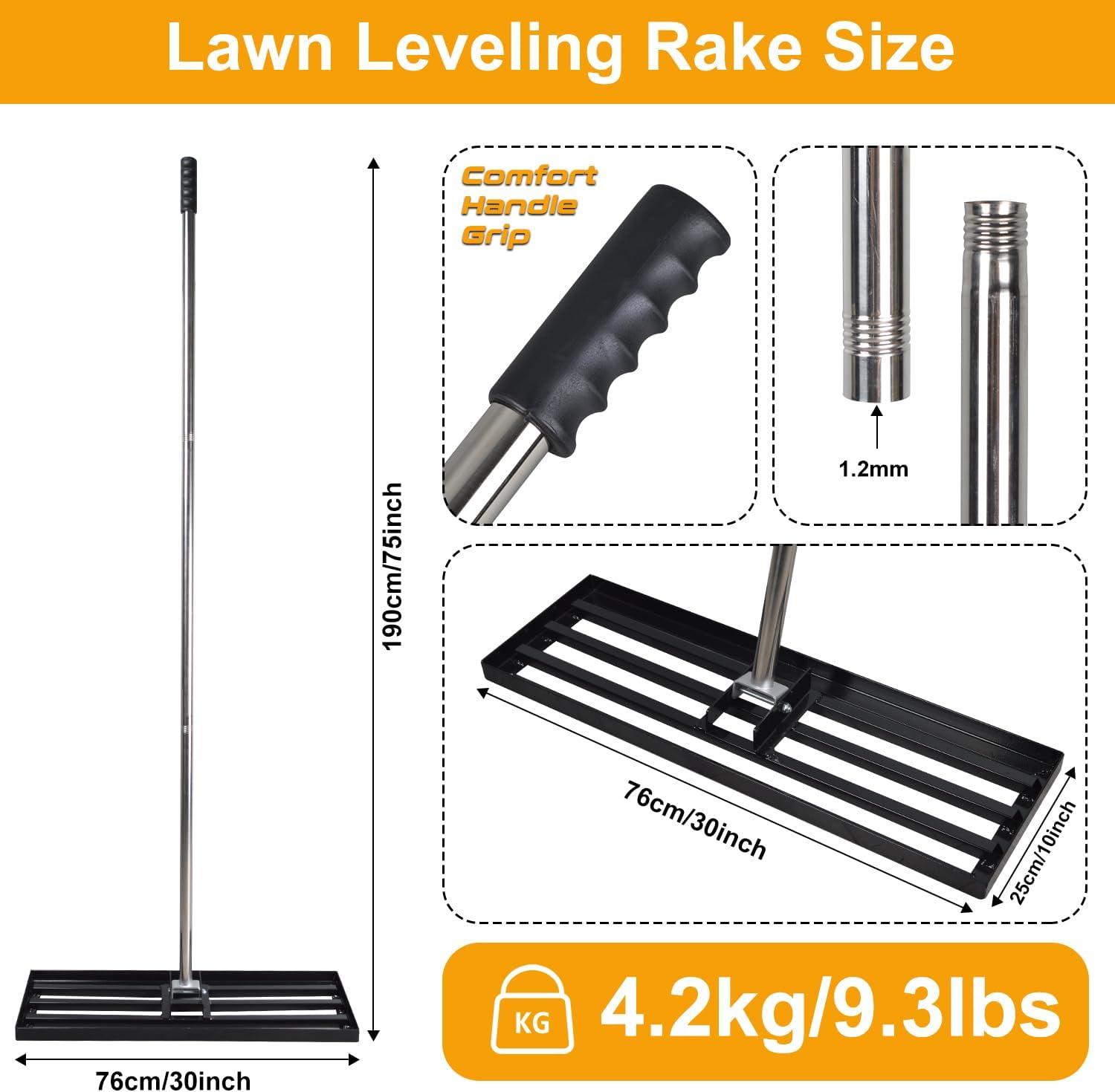 Heavy Duty Black Stainless Steel Lawn Leveling Rake with Adjustable Handle