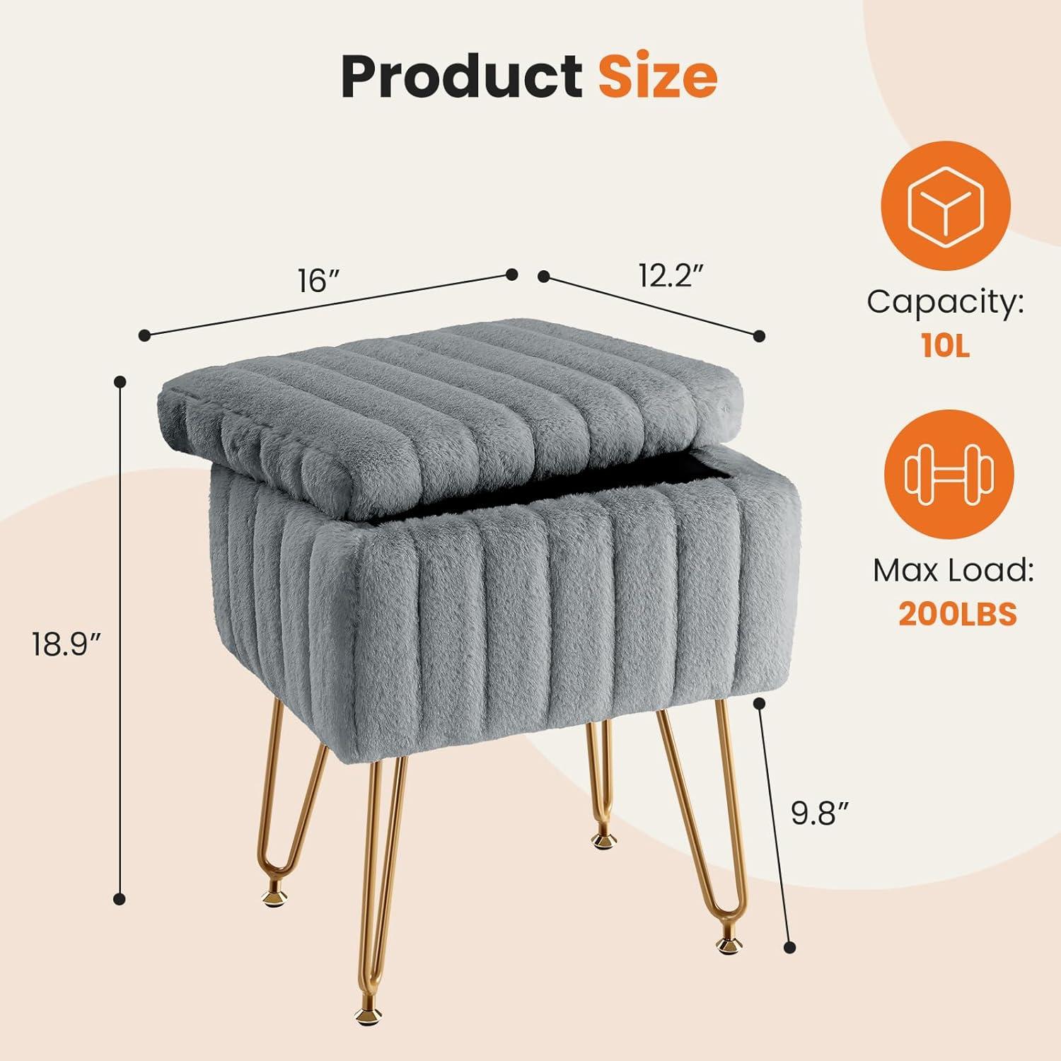 Vanity Stool Chair with Storage, Ottoman Faux Fur Soft Padded Makeup Footstools Seat with 4 Metal Legs