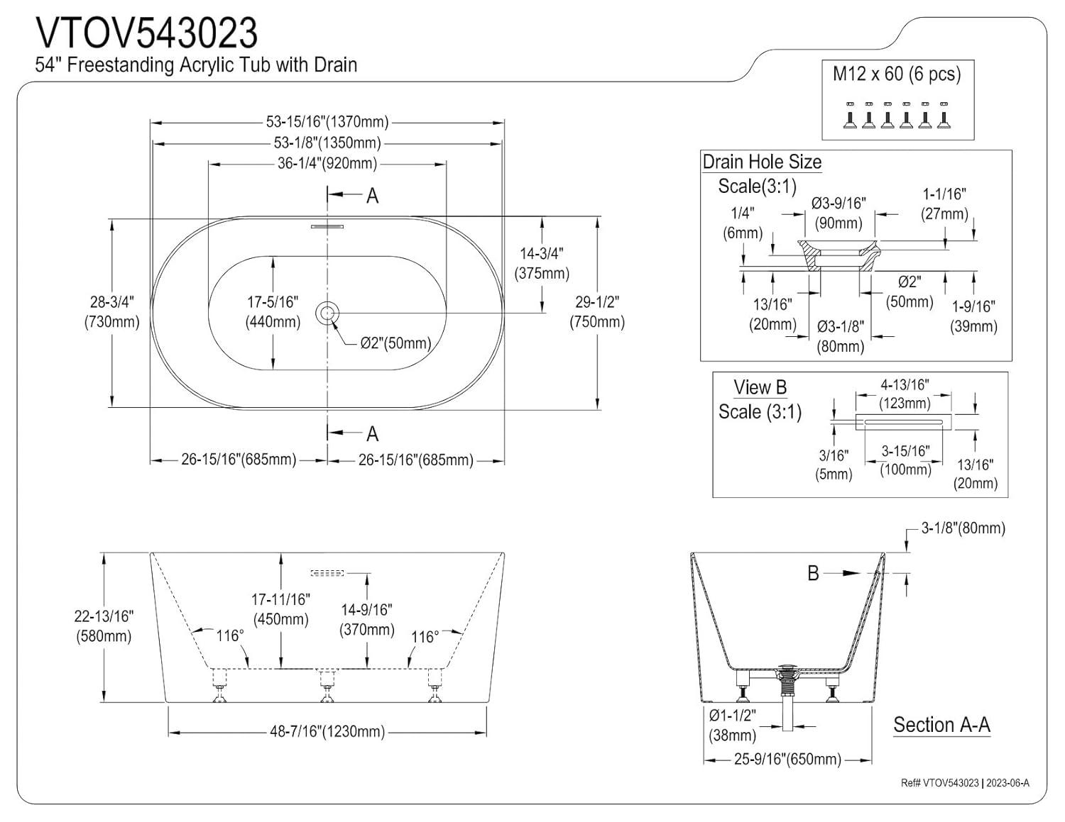Kingston Brass Aqua Eden 54-Inch Acrylic Oval Double Ended Freestanding Tub with Drain