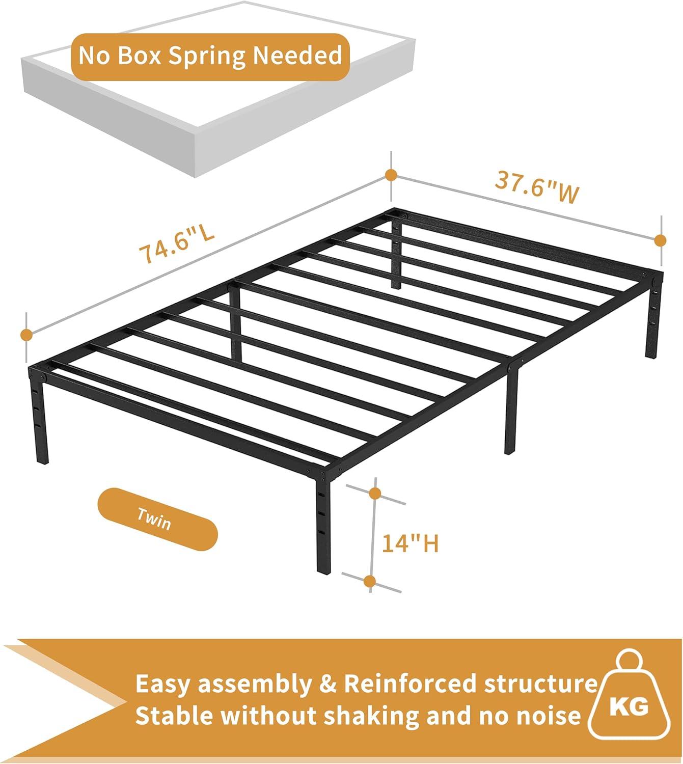 Mavesmog 14 inches Twin Size Bed Frames, Metal Twin Size Modern Mattress Platform Metal Bed Frame