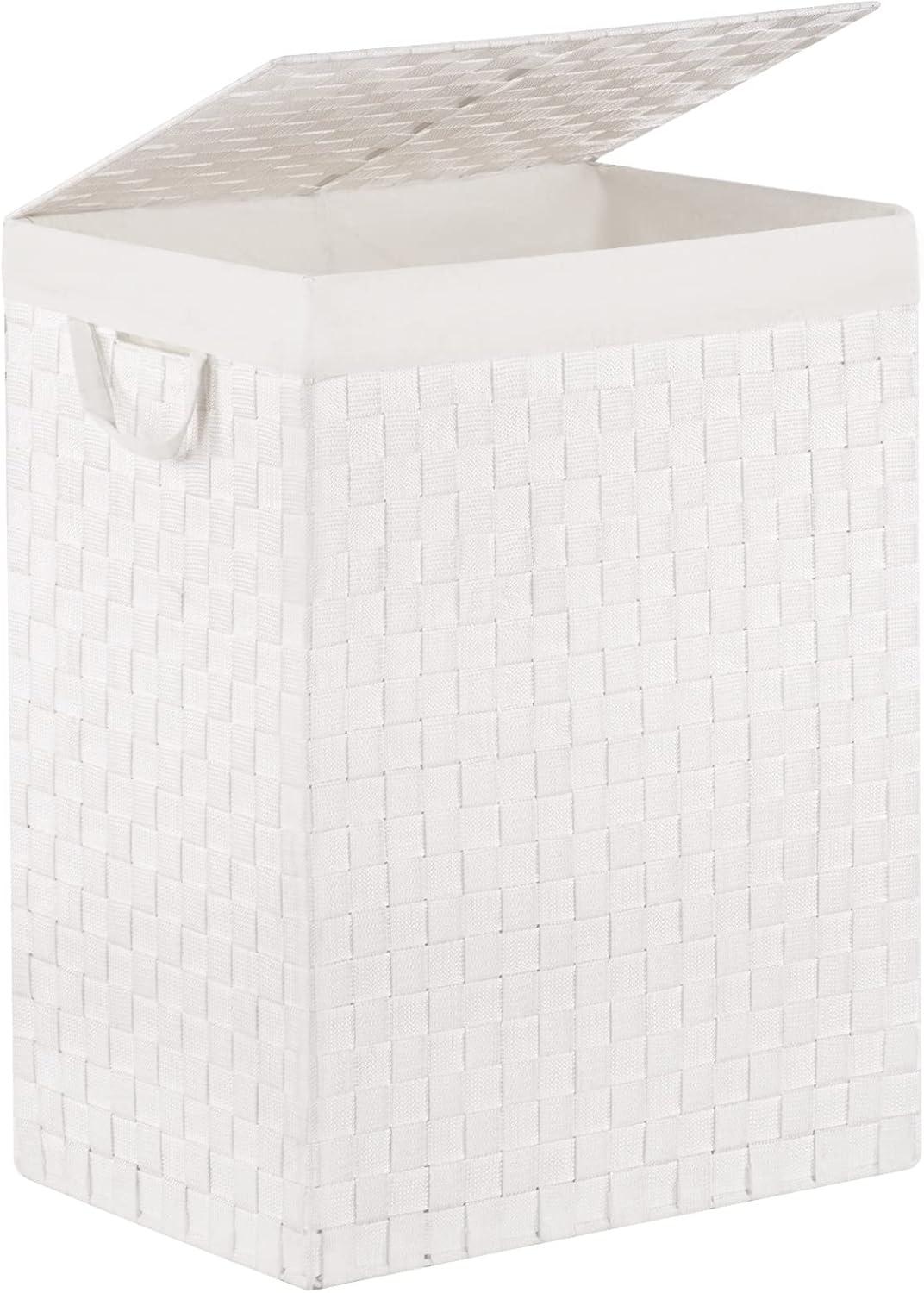 White Collapsible Handwoven Upright Hamper with Lid