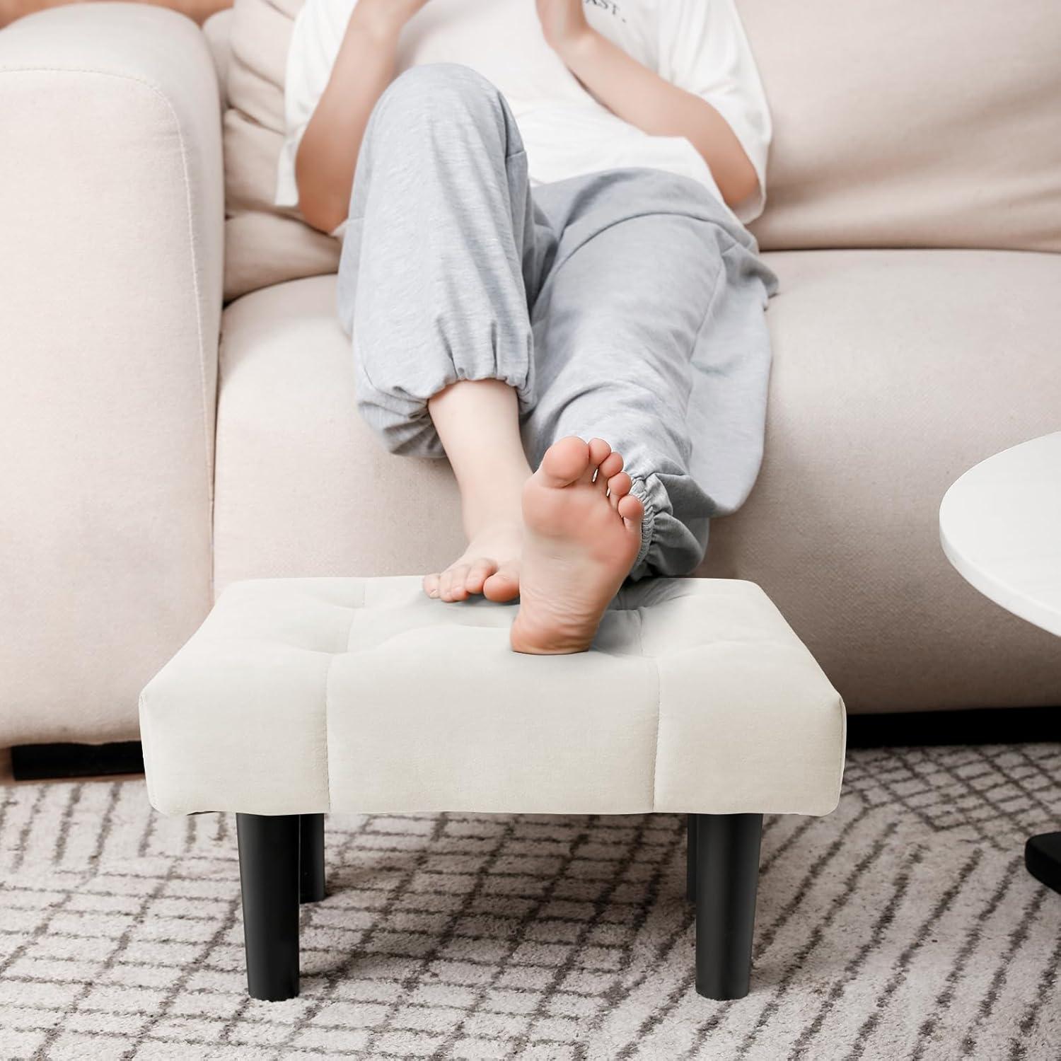 HOUCHICS Small Footstool Ottoman,Velvet Soft Footrest Ottoman with Wood Legs,Sofa Footrest Extra Seating for Living Room Entryway Office(White 1PACK)