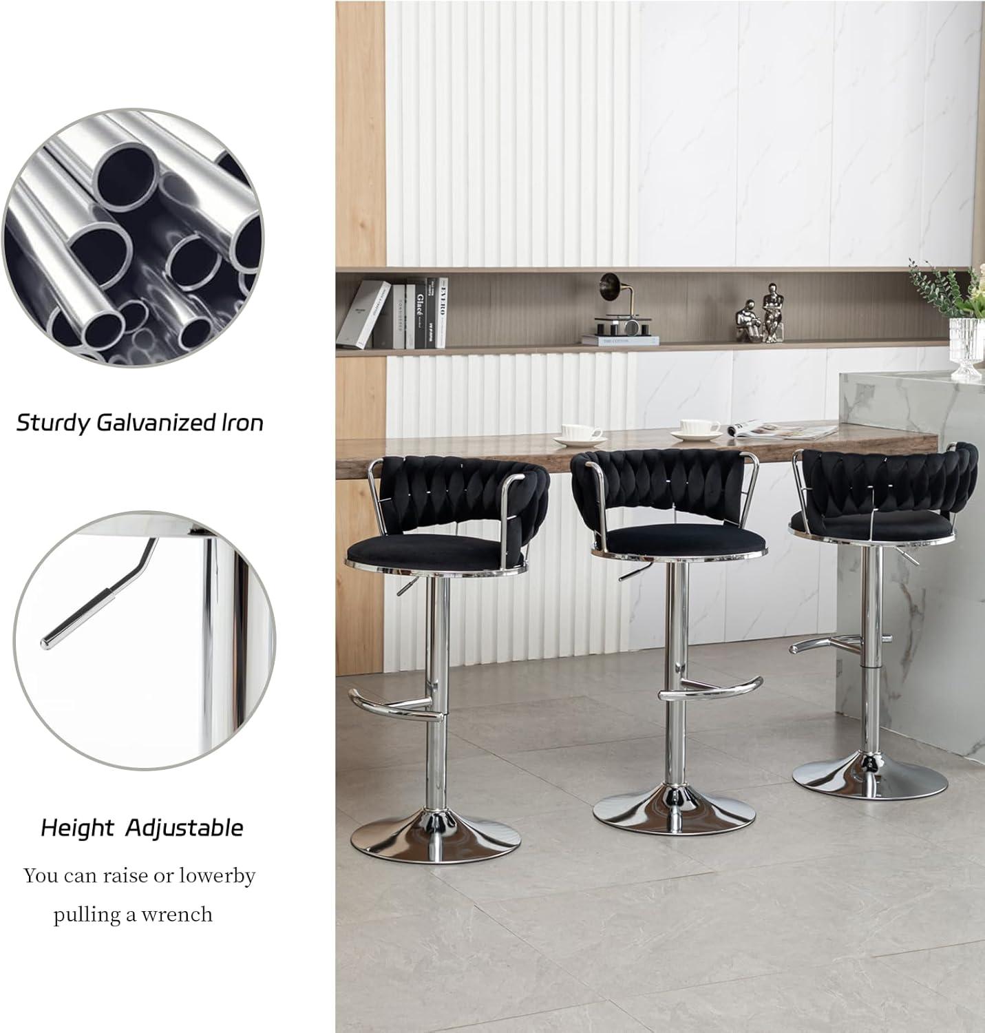 Velvet Bar Stools Set of 2, Counter Height Barstools with Low Back, Swivel Bar Stool for Kitchen Island, Pub (Black)