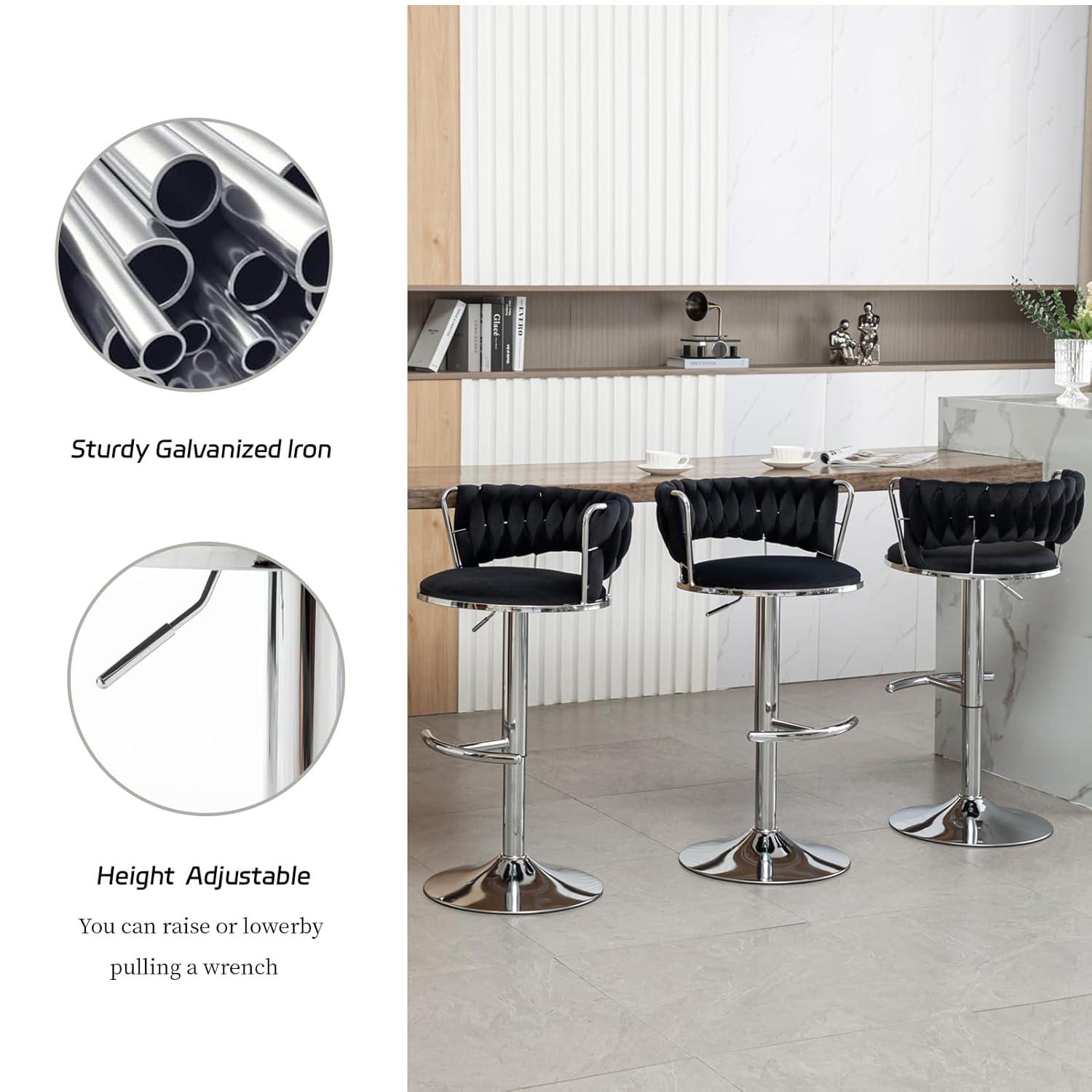 Velvet Bar Stools Set of 2, Counter Height Barstools with Low Back, Swivel Bar Stool for Kitchen Island, Pub (Black)