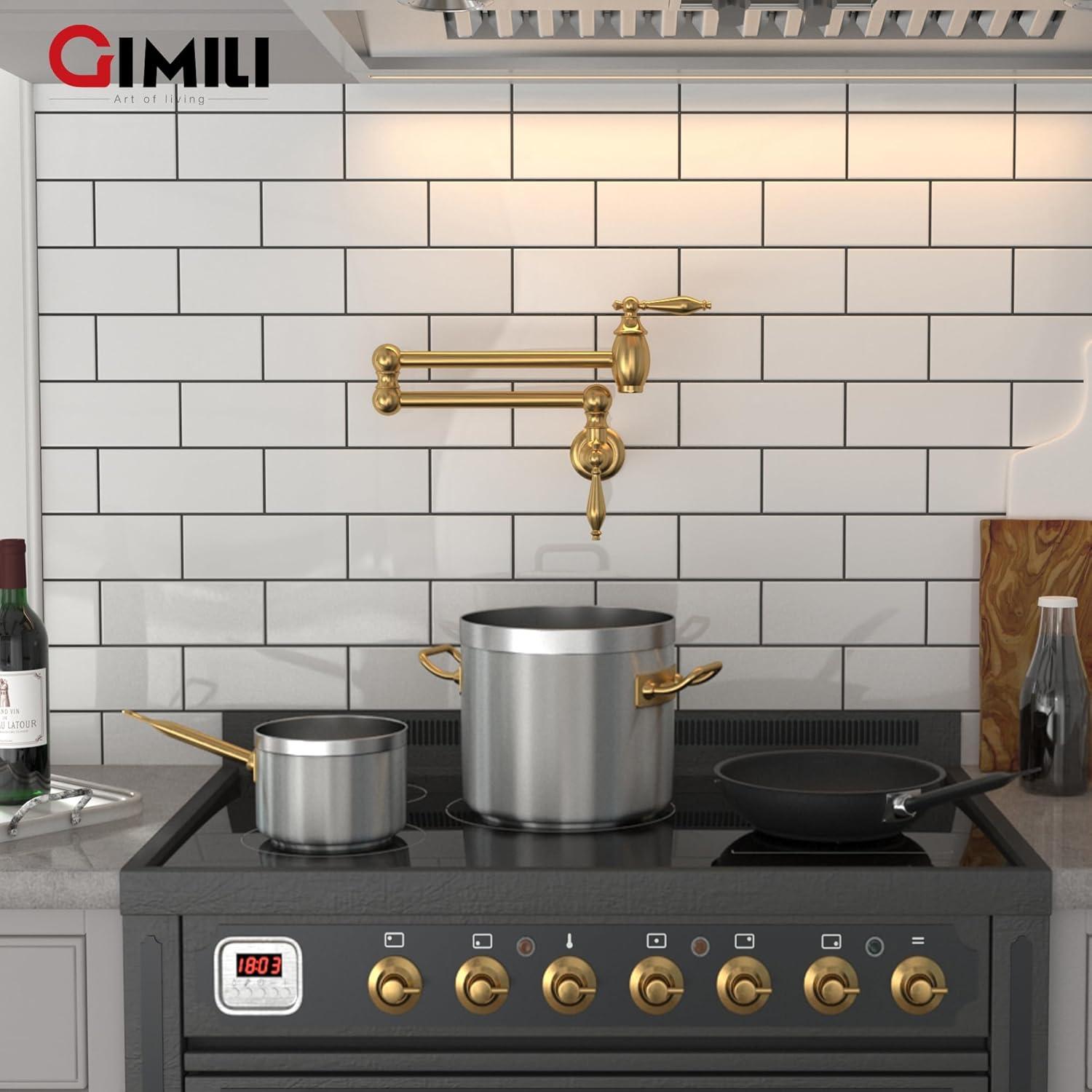 GIMILI Pot Filler Brushed Gold Kitchen Sink Pot Filler Faucet Wall Mount Kitchen Faucets Over Stove Faucet Brass Folding Faucet with Double Joint Swing Arms