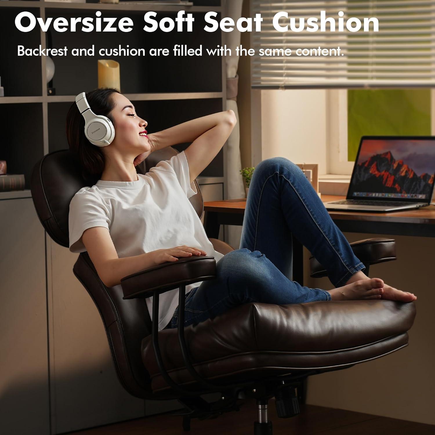 Kro PU Fabric Swivel Ergonomic Office Task Chair in Dark Brown with Recliner High Back Lumbar Support Adjustable Arms