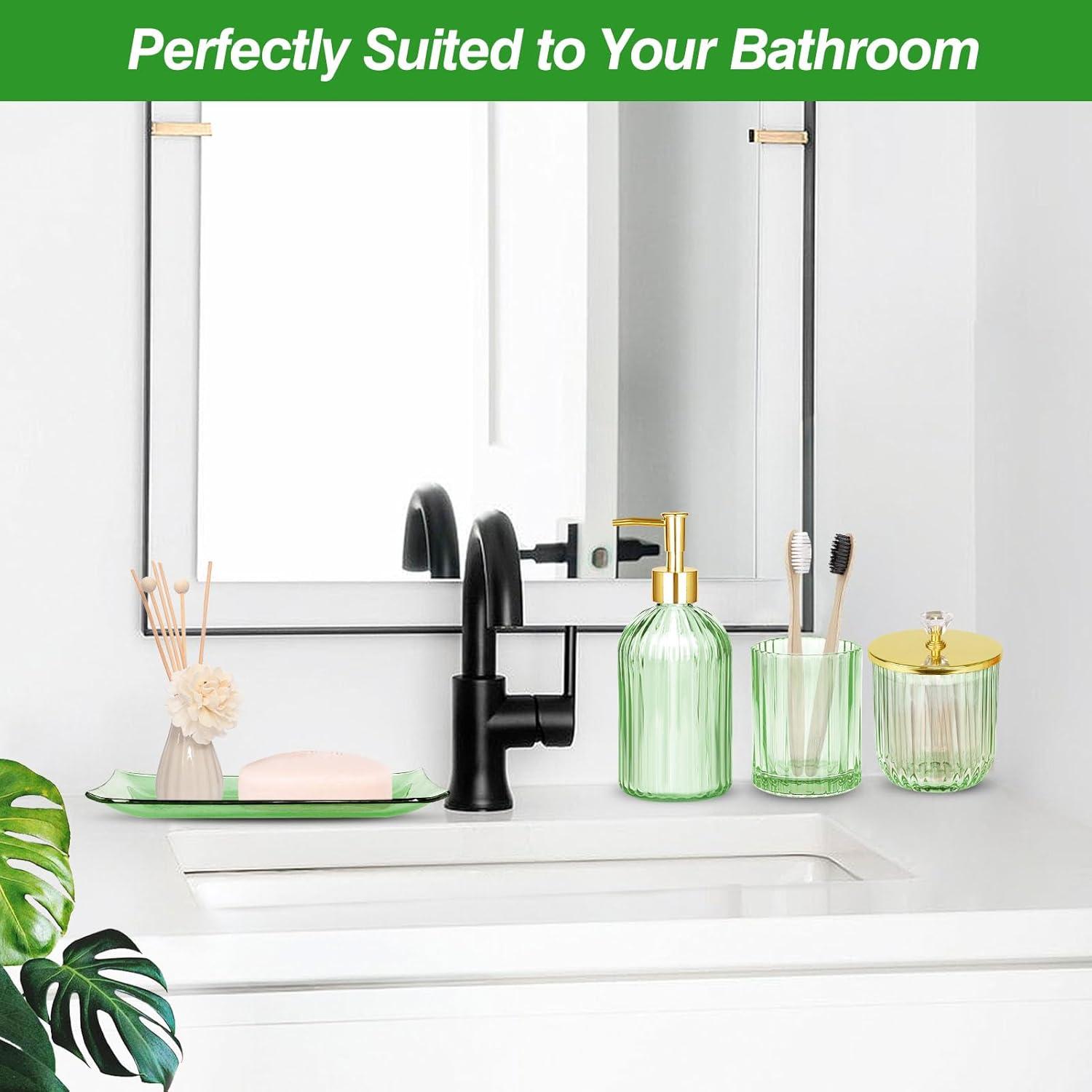 Green Glass Bathroom Accessories Set with Gold Accents, 4 Pieces