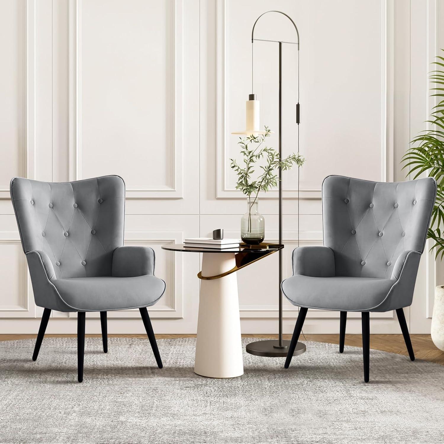 Furniliving Modern Accent Chairs Upholstered Velvet Wingback Chair with High Backrest Arm Chair Set of 2, Grey