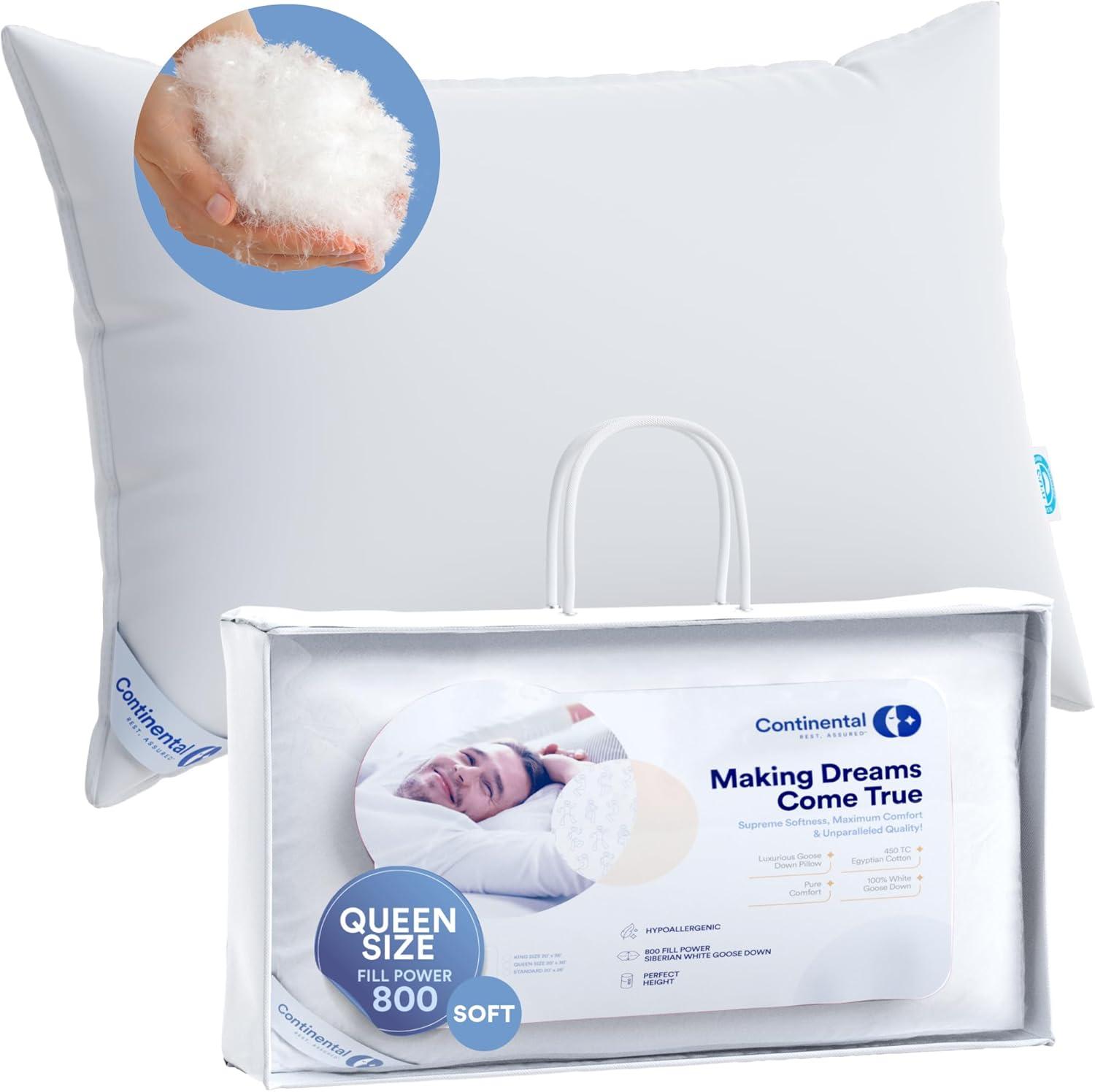 Continental Bedding Siberian 800FP 100% Goose Down Pillow Soft Support Queen Size Pack of 1