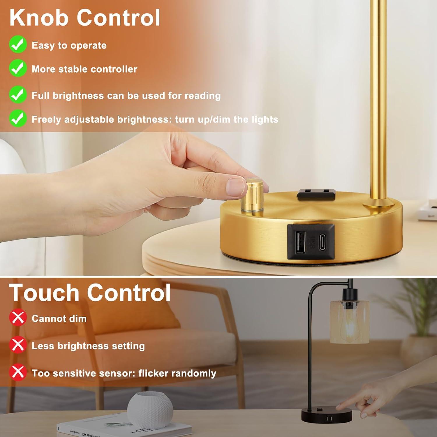 【Upgraded】Set of 2 Industrial Table Lamps with 2 USB Port, Fully Stepless Dimmable Bedside Lamps for Bedroom, Nightstand Desk Lamps with Glass Shade for Bedroom Living Room Office 2 LED Bulb Included