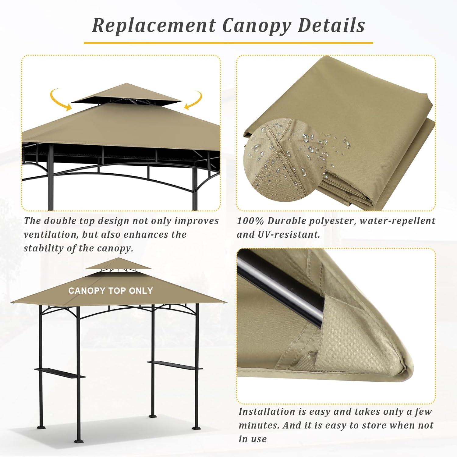 Grill Gazebo Replacement Top, 5 * 8 Outdoor BBQ Top Cover, Double Layer BBQ Gazebo Top Canopy for Model #L-GG001PST-F (Khaki)