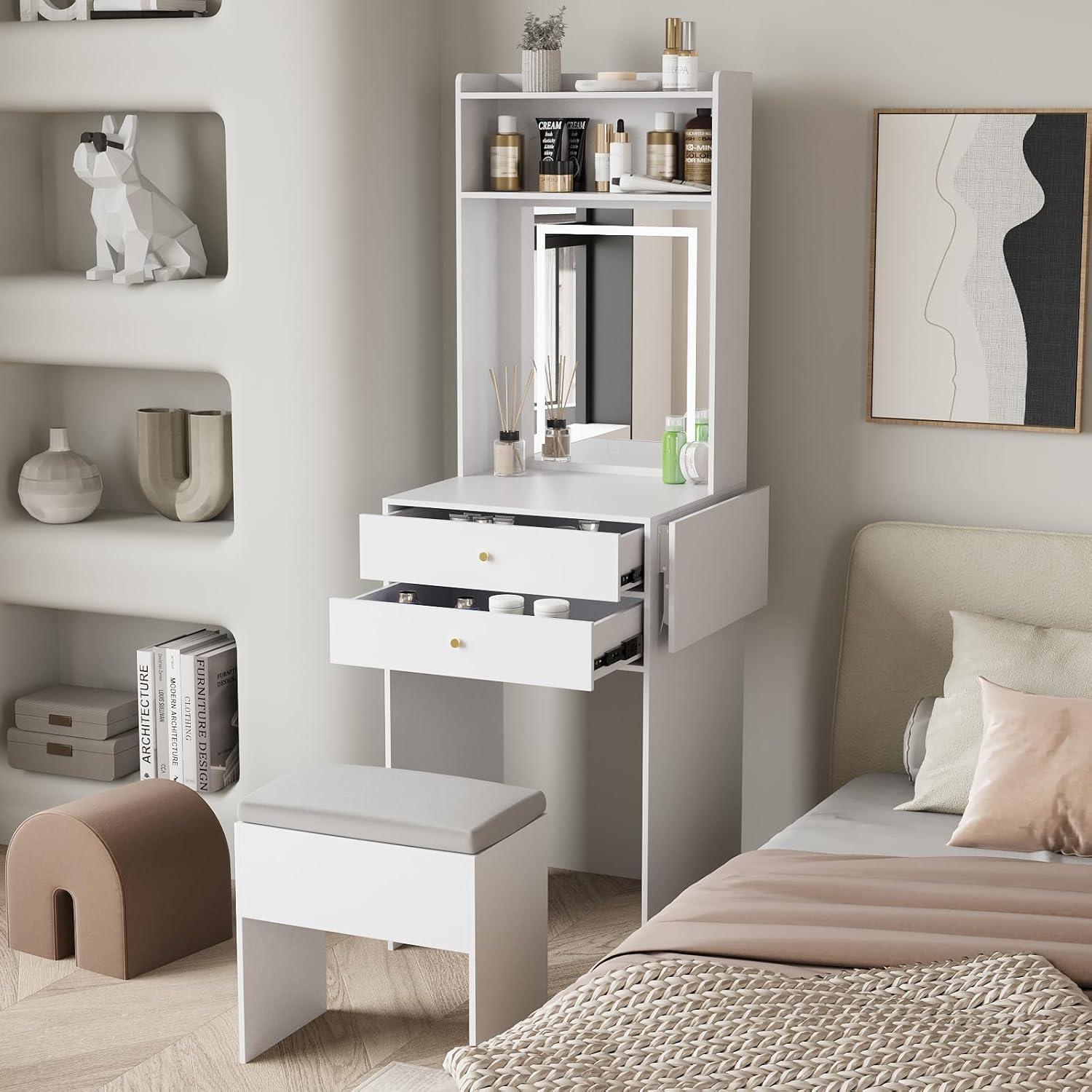 White Small Vanity Desk Set with Mirror and Lights Makeup Table with Drawer, Storage Chair, and Fold-up Panel for Small Space Bedroom