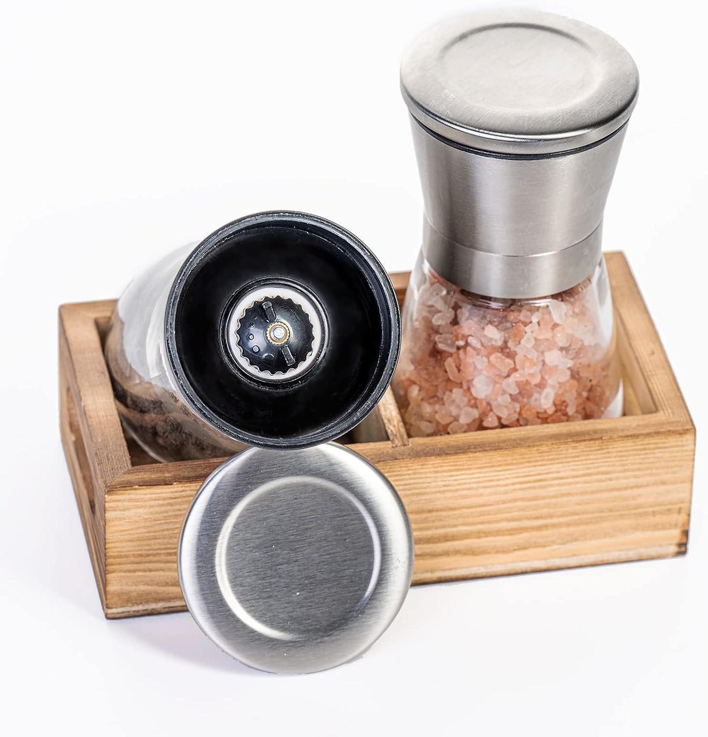 CB Accessories Stainless Steel Salt and Pepper Grinder Set with Wood Tray,  Adjustable Coarseness for Modern Farmhouse Kitchen Table