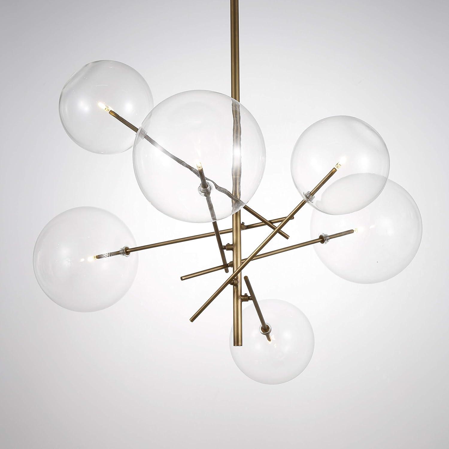 Klare 6-Light Sputnik Chandelier with Clear Glass Spheric Shades & Adjustable Arms, Antique Brass Finish