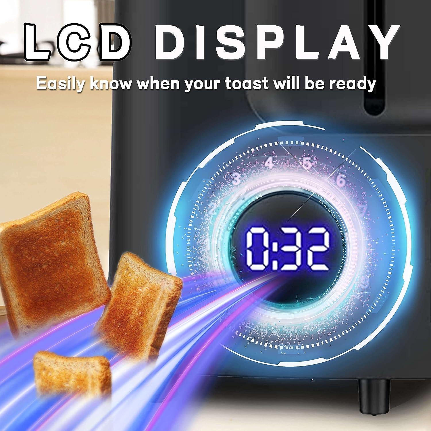 Smart Toaster 2 Slice Extra Wide Slot, Digital Countdown Timer, 9 Adjustable Browning Settings, Bagel Defrost Reheat Cancel Modes, Black LED Screen