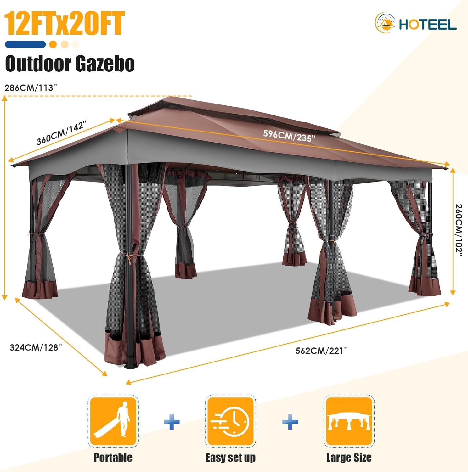 HOTEEL 10x20 Gazebo on Clearance, Outdoor Gazebo Tent with Mosquito Netting and Ventilated Double Flat Roof, Easy Set up Canopy Tent with Stable Metal Frame for Patio, Khaki (Upgraded 2.0)
