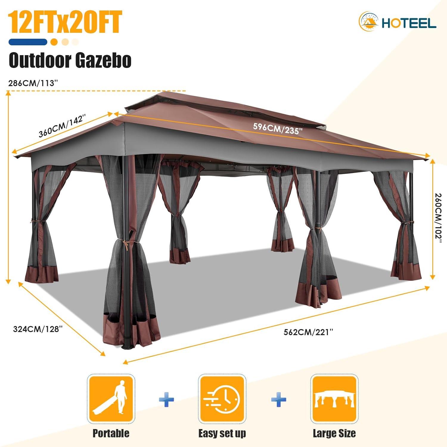 HOTEEL 10x20 Gazebo on Clearance, Outdoor Gazebo Tent with Mosquito Netting and Ventilated Double Flat Roof, Easy Set up Canopy Tent with Stable Metal Frame for Patio, Khaki (Upgraded 2.0)