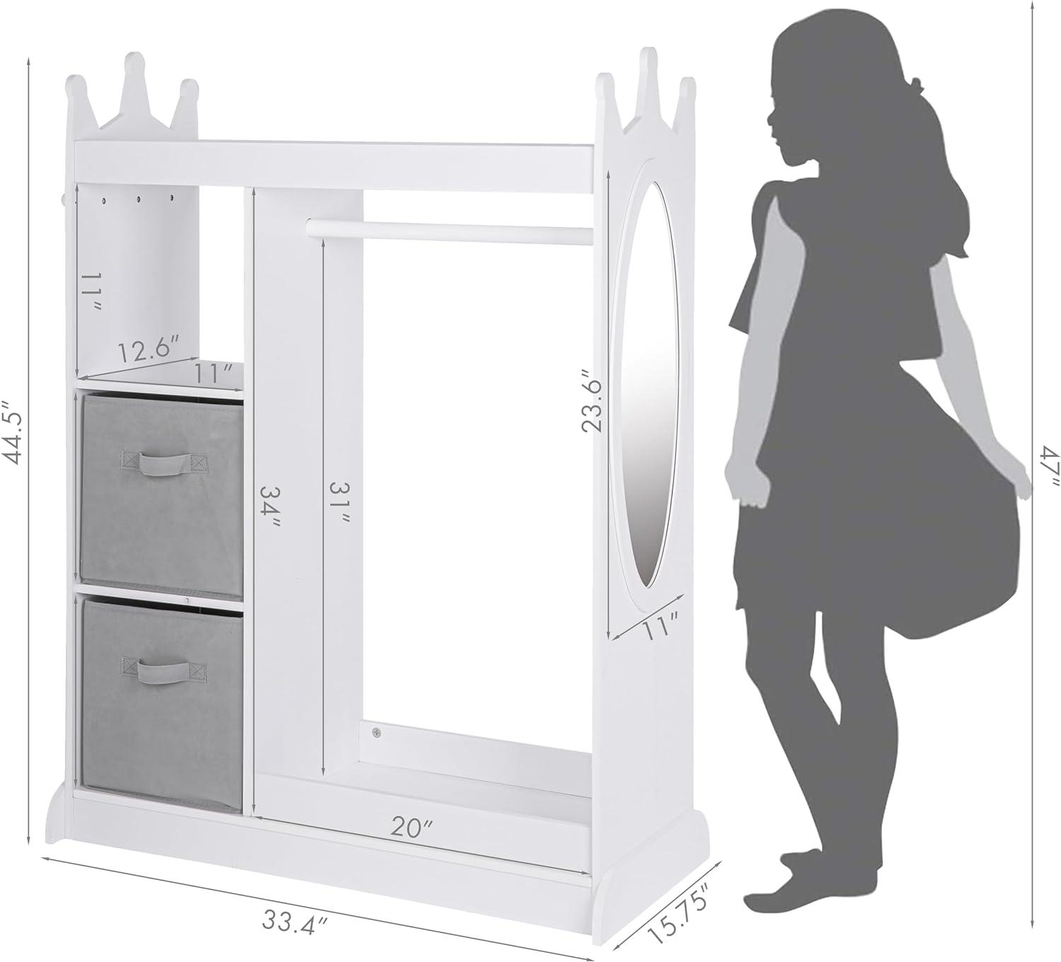 White Kids Dress Up Armoire with Mirror and Storage Bins