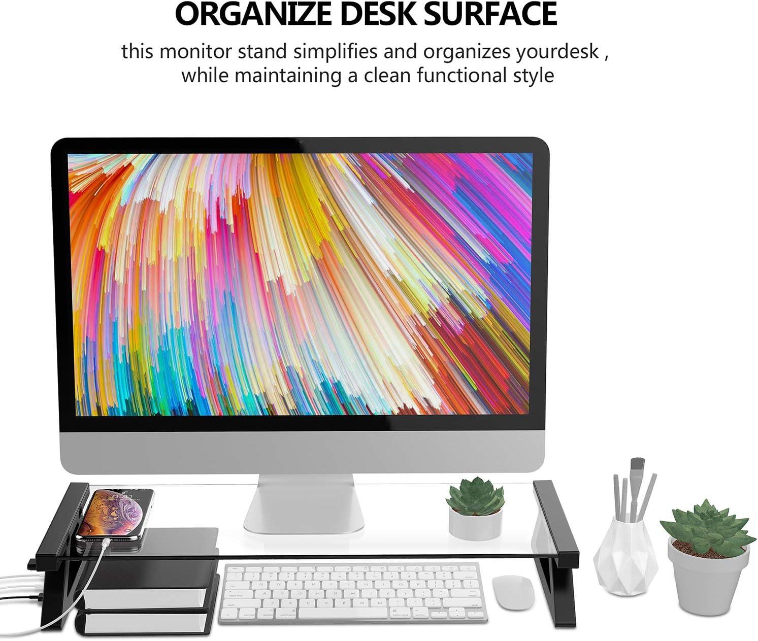 Yivandi Computer Monitor Stand with USB Ports, Clear Tempered Glass Monitor Riser, 3-in-1 USB Docking Laptop Riser for Desktop PC/iMac/MacBook/Printer