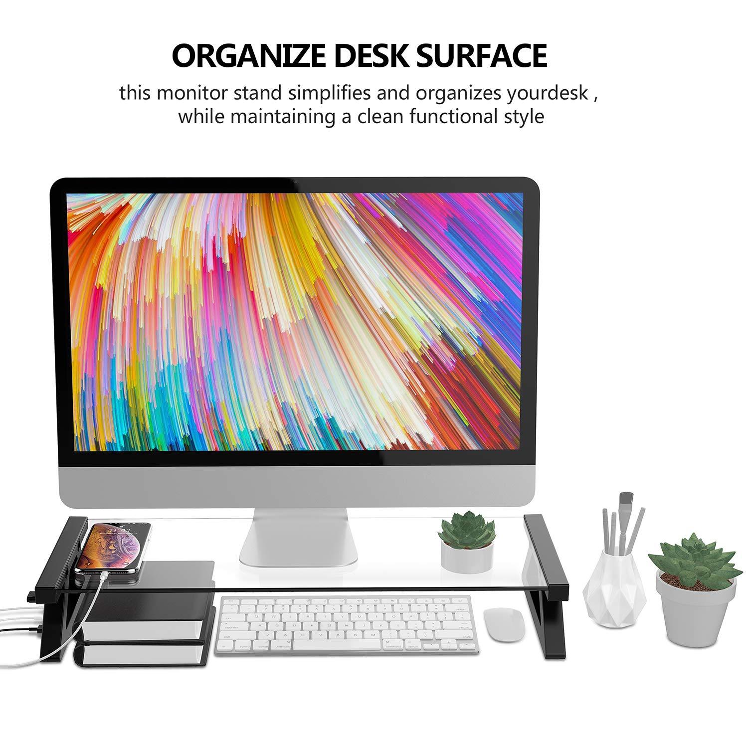 Yivandi Computer Monitor Stand with USB Ports, Clear Tempered Glass Monitor Riser, 3-in-1 USB Docking Laptop Riser for Desktop PC/iMac/MacBook/Printer