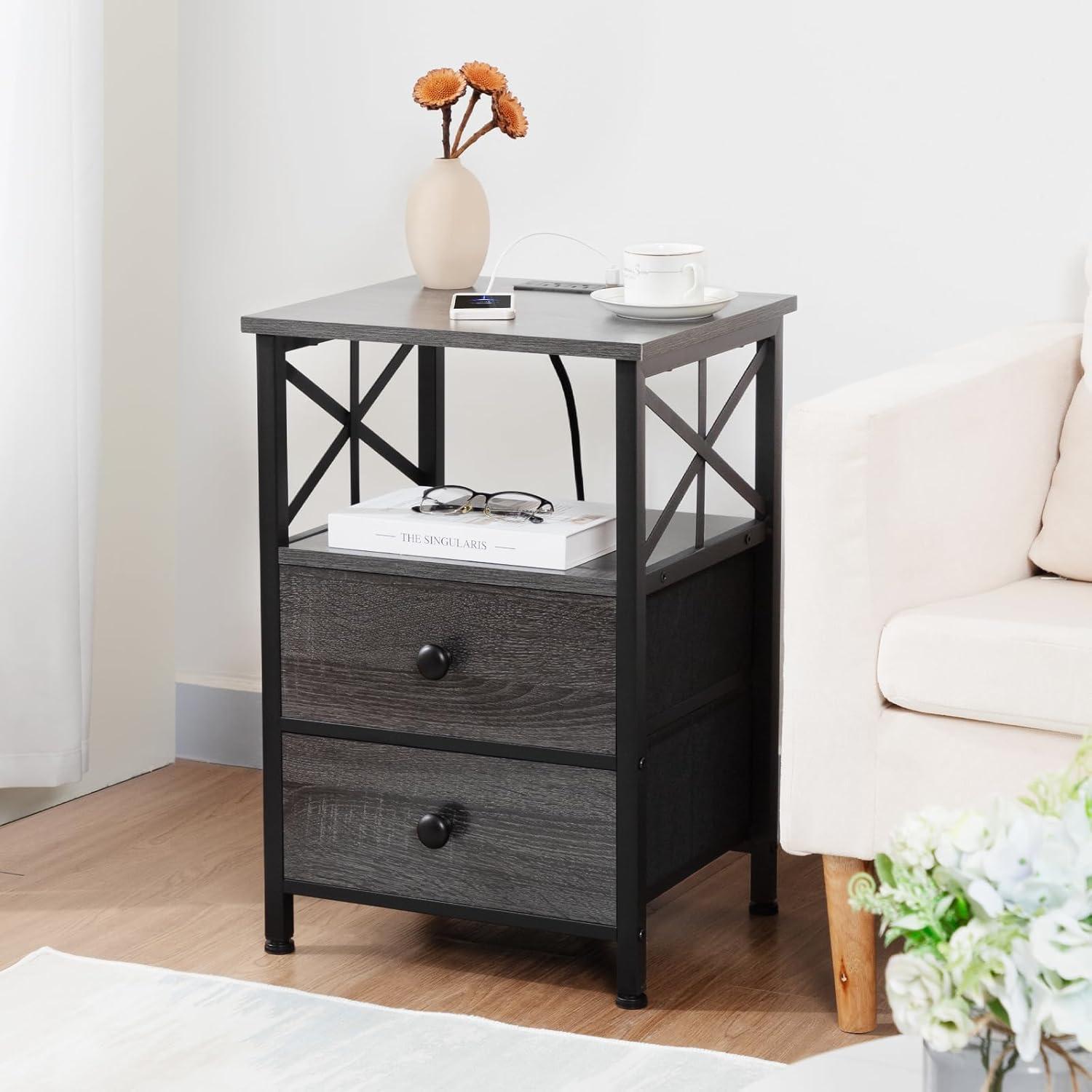 Dark Gray Metal Frame Nightstand Set with Charging Station