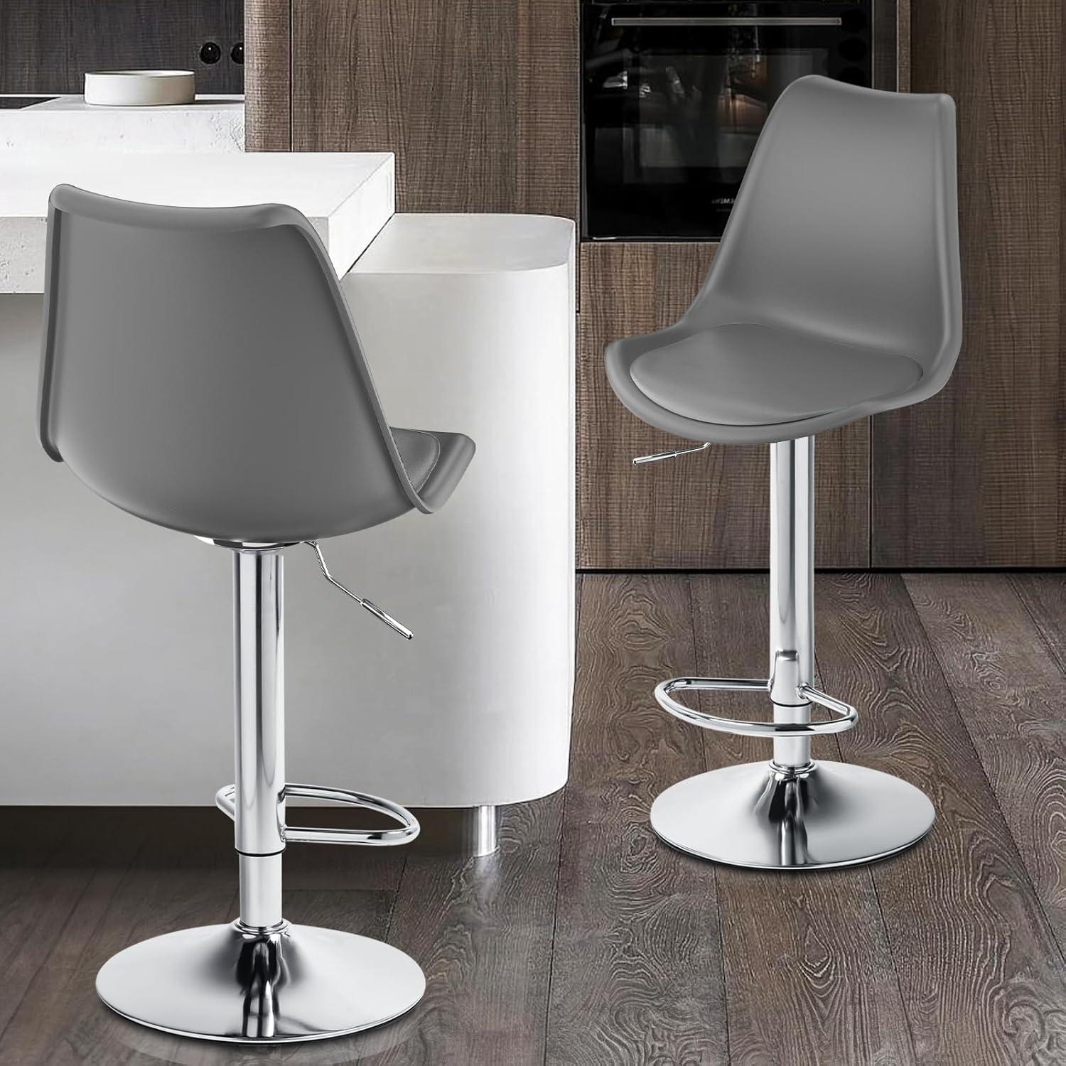 Adjustable Dark Grey Leather Swivel Bar Stools with High Back, Set of 2