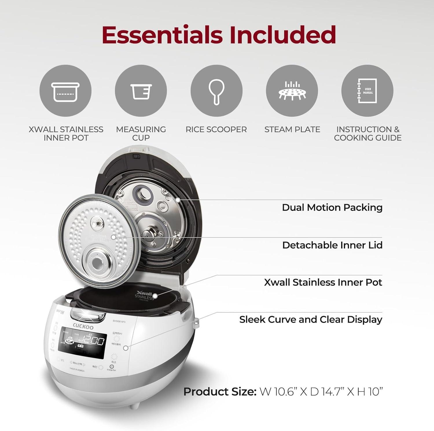 Cuckoo Electronics CUCKOO  6-Cup  Induction Heating Pressure Rice Cooker with Nonstick Inner Pot, 16 Menu Modes, Fuzzy Logic Tech, 3 Voice Guide, Auto Clean (White) CRP-BHSS0609F