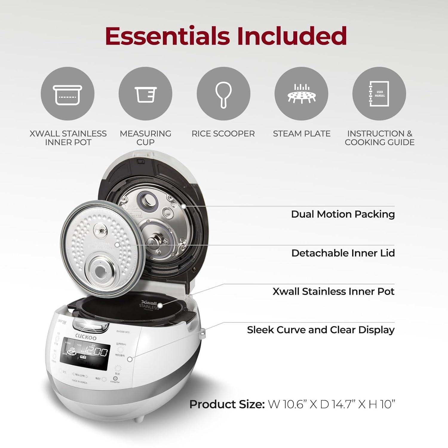 Cuckoo Electronics CUCKOO 6-Cup Induction Heating Pressure Rice Cooker with Nonstick Inner Pot, 16 Menu Modes, Fuzzy Logic Tech, 3 Voice Guide, Auto Clean (White) CRP-BHSS0609F