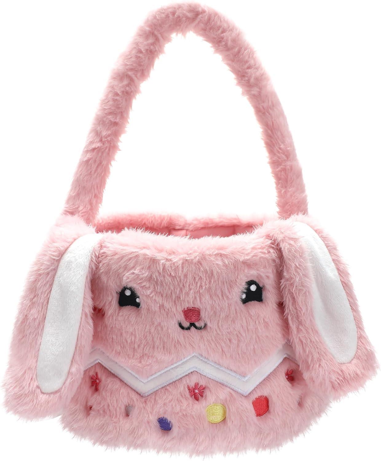 Easter Bunny Tote Bag, Cute Fuzzy Rabbit Ears Soft Plush Candy Handle Bag Eggs Basket Gift Bag for Kids Holiday Decorations