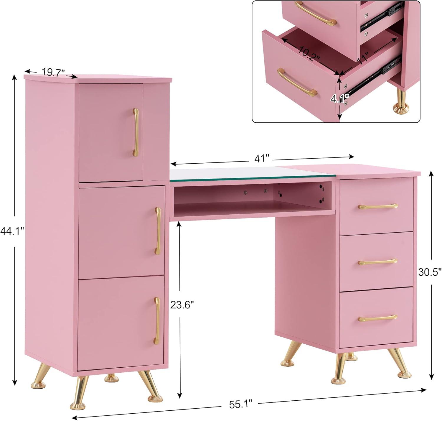BarberPub Makeup Vanity Desk with Storage Drawer and Cabinet, Nail Desk with Glass Top