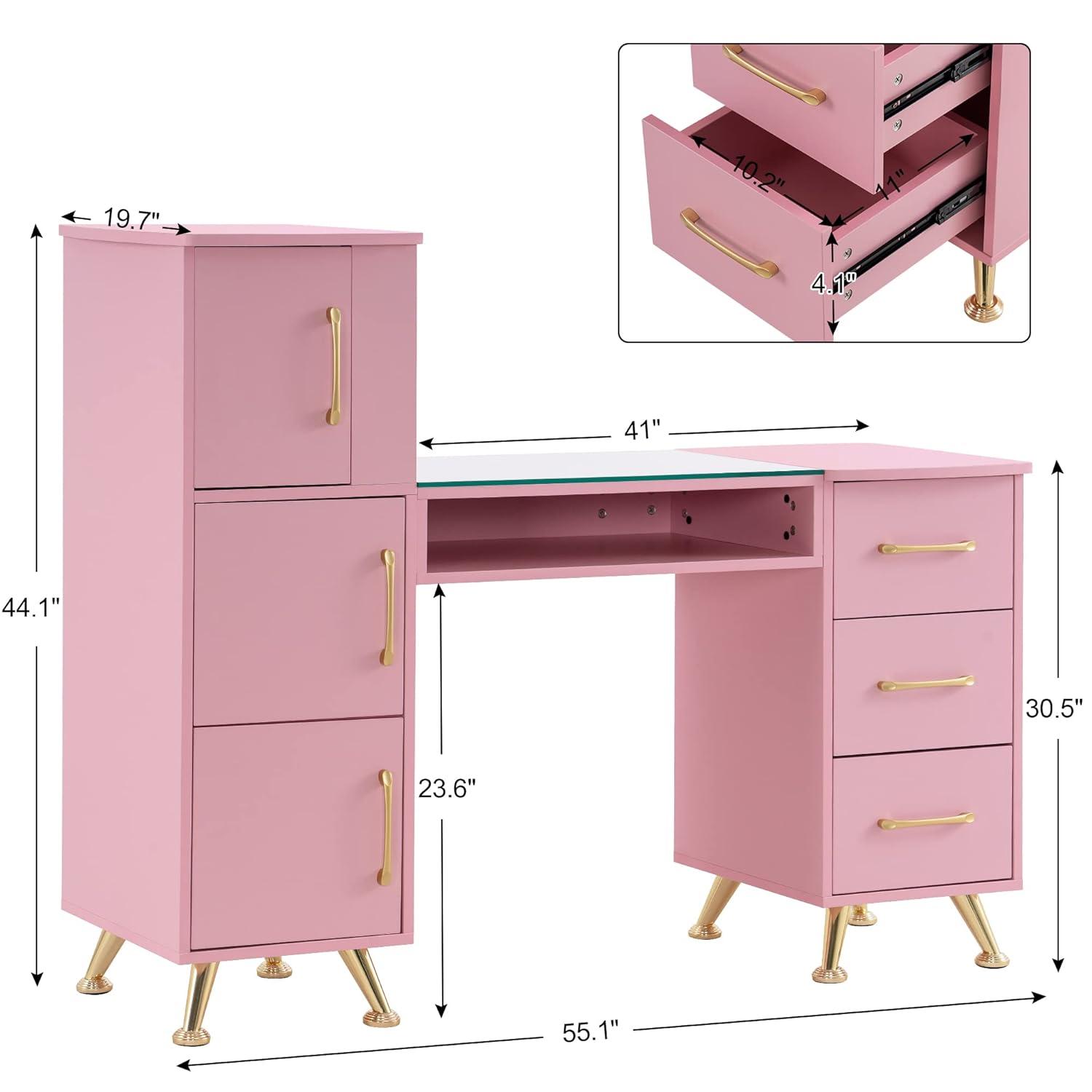 BarberPub Makeup Vanity Desk with Storage Drawer and Cabinet, Nail Desk with Glass Top
