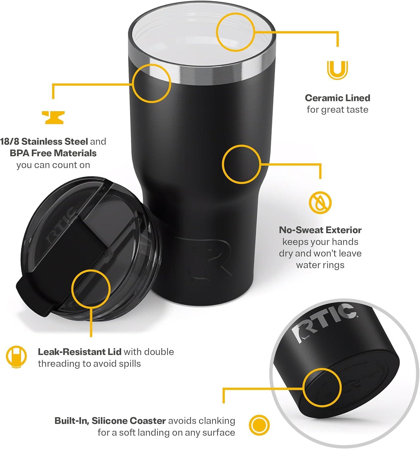 RTIC 20 oz Ceramic Lined Insulated Essential Tumbler, Leak-Resistant Lid, Black