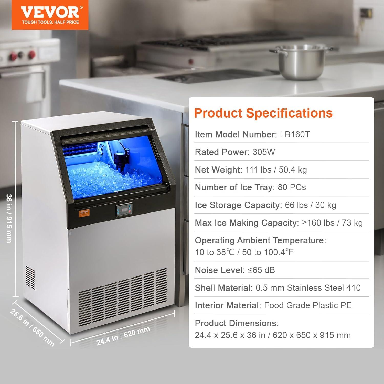 VEVOR 160lbs Stainless Steel Commercial Ice Maker with LED Display