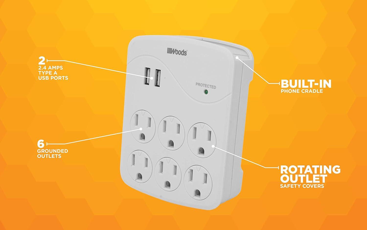 Woods 41076 Power Surge Protector with 6 Outlets, White, 1440J, Each