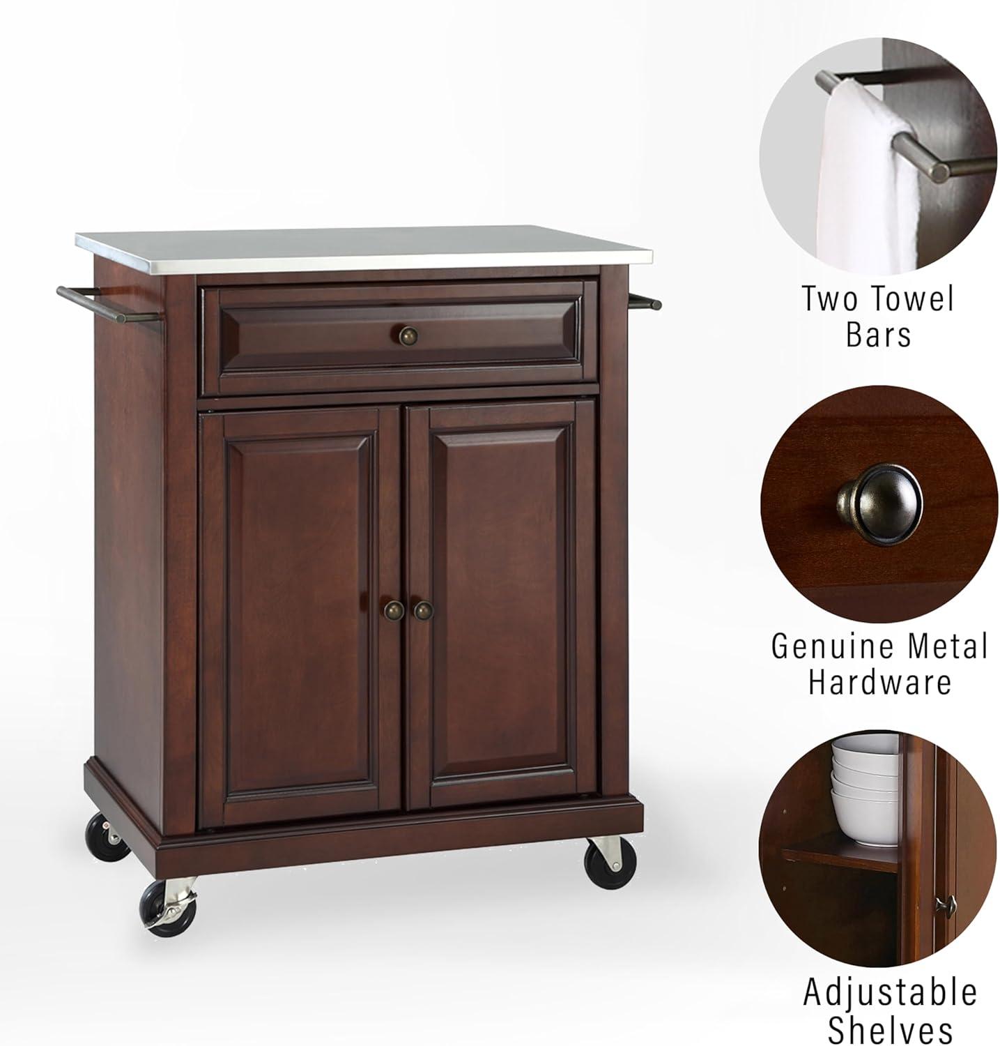 Compact Stainless Steel Top Kitchen Cart Mahogany - Crosley: Mobile Island with Storage & Towel Bars