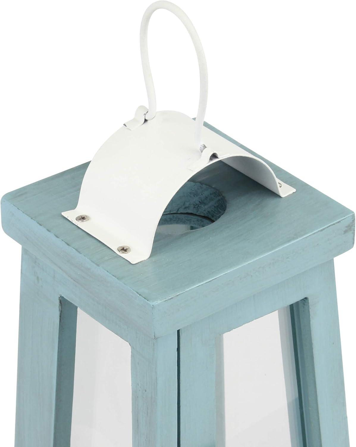 Nautical Blue Painted Wood Tabletop Hurricane Candle Lantern