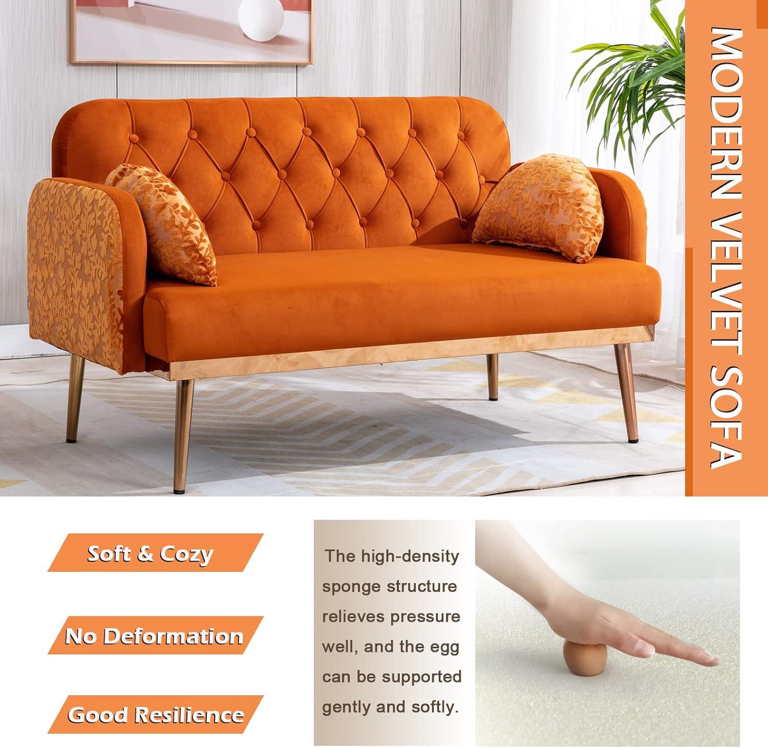 55" Velvet Sofa with 2 Pillows and Golden Metal Legs,Twin Size Loveseat Accent Couch with Button Tufted Backrest and Armrests, Living Room Sofa