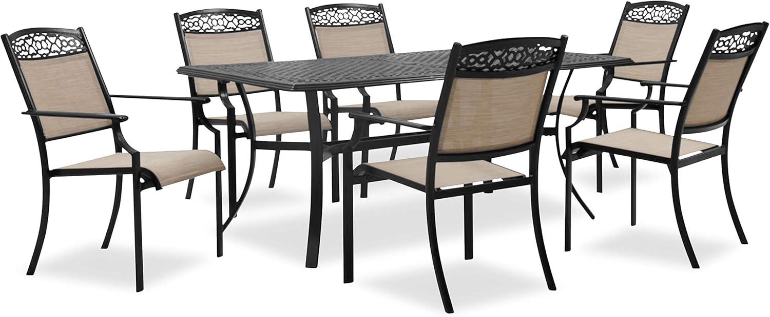 Hanover Lisbon 7-Piece Set: 6 Sling Stationary Chairs and 39 in. x 68 in. Cast-Top Dining Table in Tan, LISBON7PC-TAN
