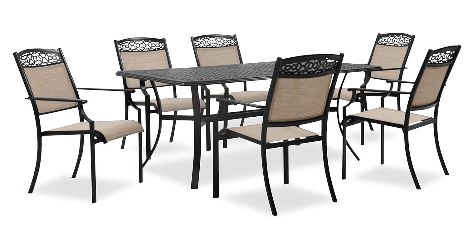 Hanover Lisbon 7-Piece Set: 6 Sling Stationary Chairs and 39 in. x 68 in. Cast-Top Dining Table in Tan, LISBON7PC-TAN