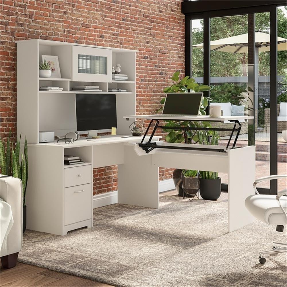 Cabot 60W Sit to Stand L Desk with Hutch in White - Engineered Wood