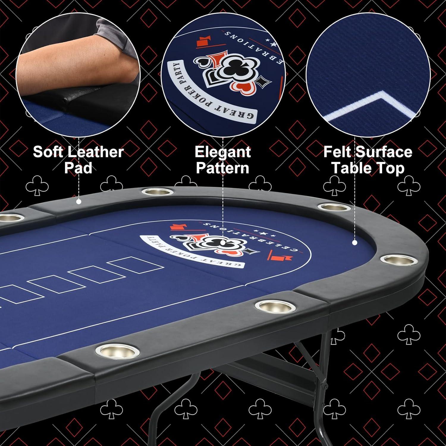 RayChee Poker Table 84'' 10-Player Foldable Poker Table, Portable Casino Leisure Texas Holdem Table with Padded Rails and Cup Holders