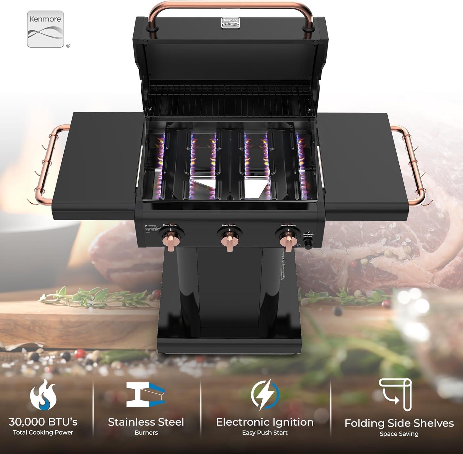 Kenmore 3-Burner Propane Gas Grill with Foldable Side Tables for Outdoor BBQ