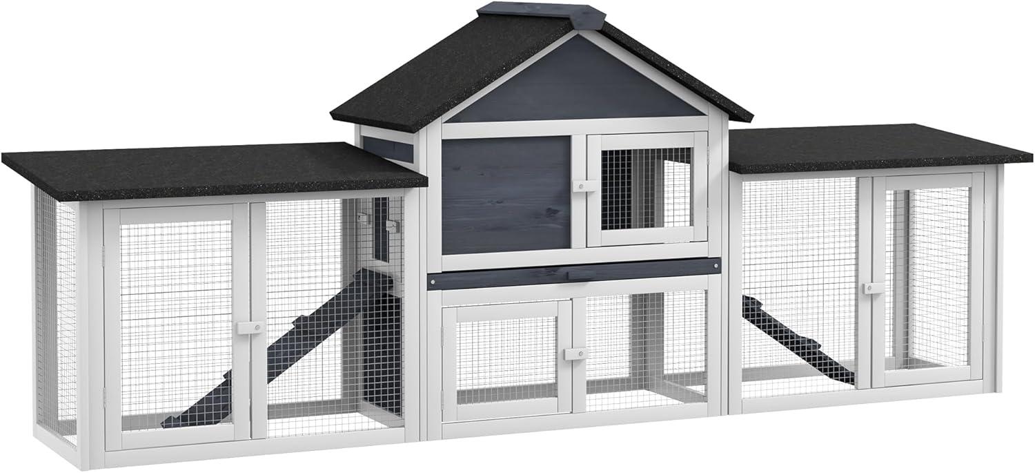 Large Gray and White Wooden Guinea Pig Hutch with Double Runs