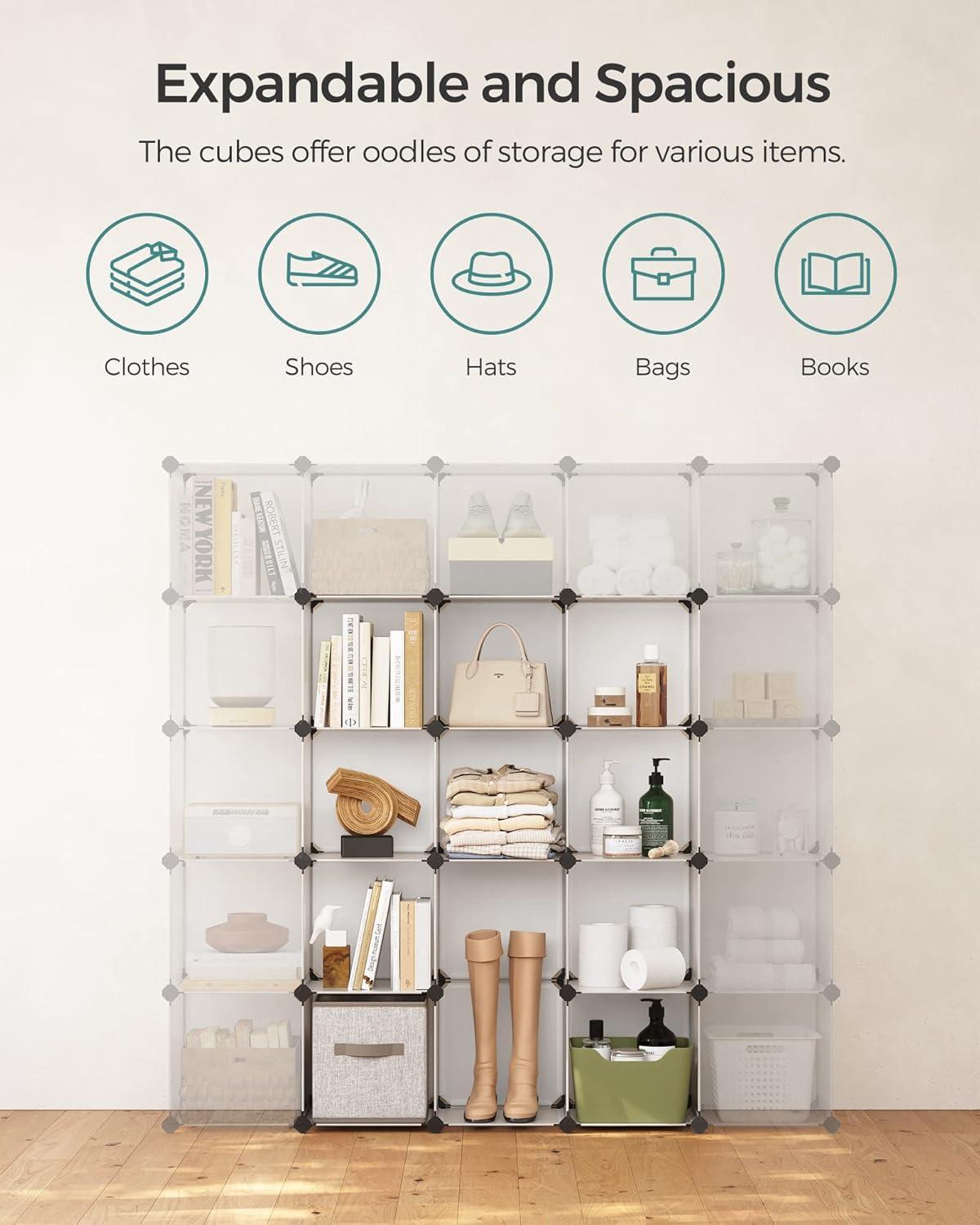 SONGMICS DIY 16 Cube Storage Organizer Shelf Closet Cubbie Storage Bookcase for Bedrrom Living Room White Translucent