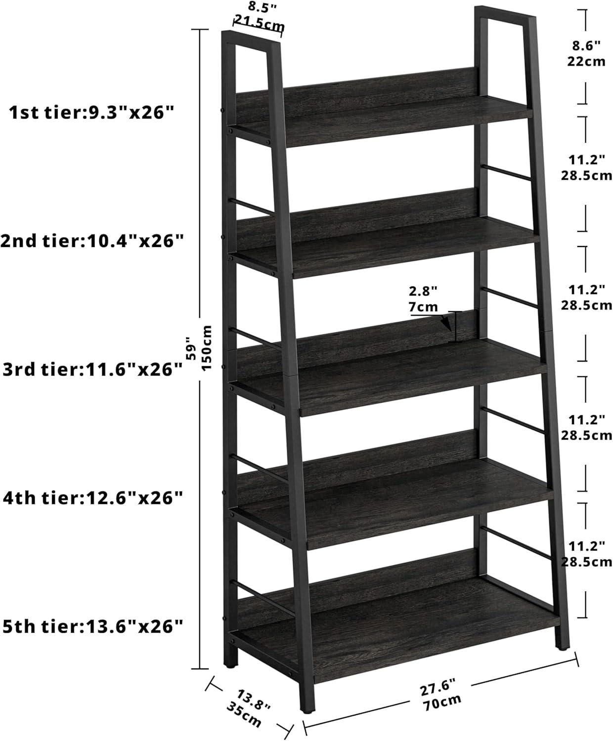IRONCK Industrial Bookshelves and Bookcases, Ladder Shelf 5 Tier with Metal Frame for Living Room, Home Office, Charcoal Grey