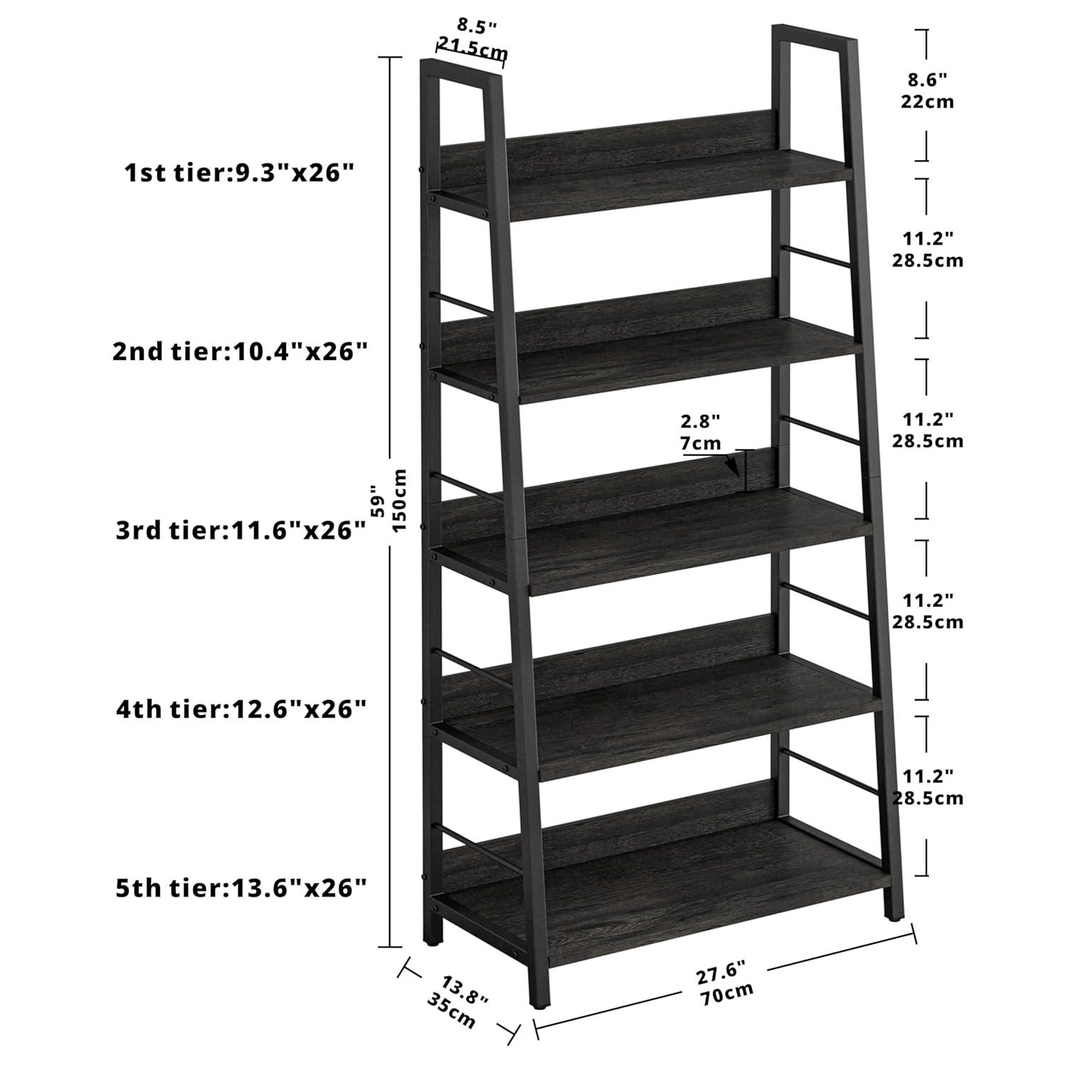IRONCK Industrial Bookshelves and Bookcases, Ladder Shelf 5 Tier with Metal Frame for Living Room, Home Office, Charcoal Grey