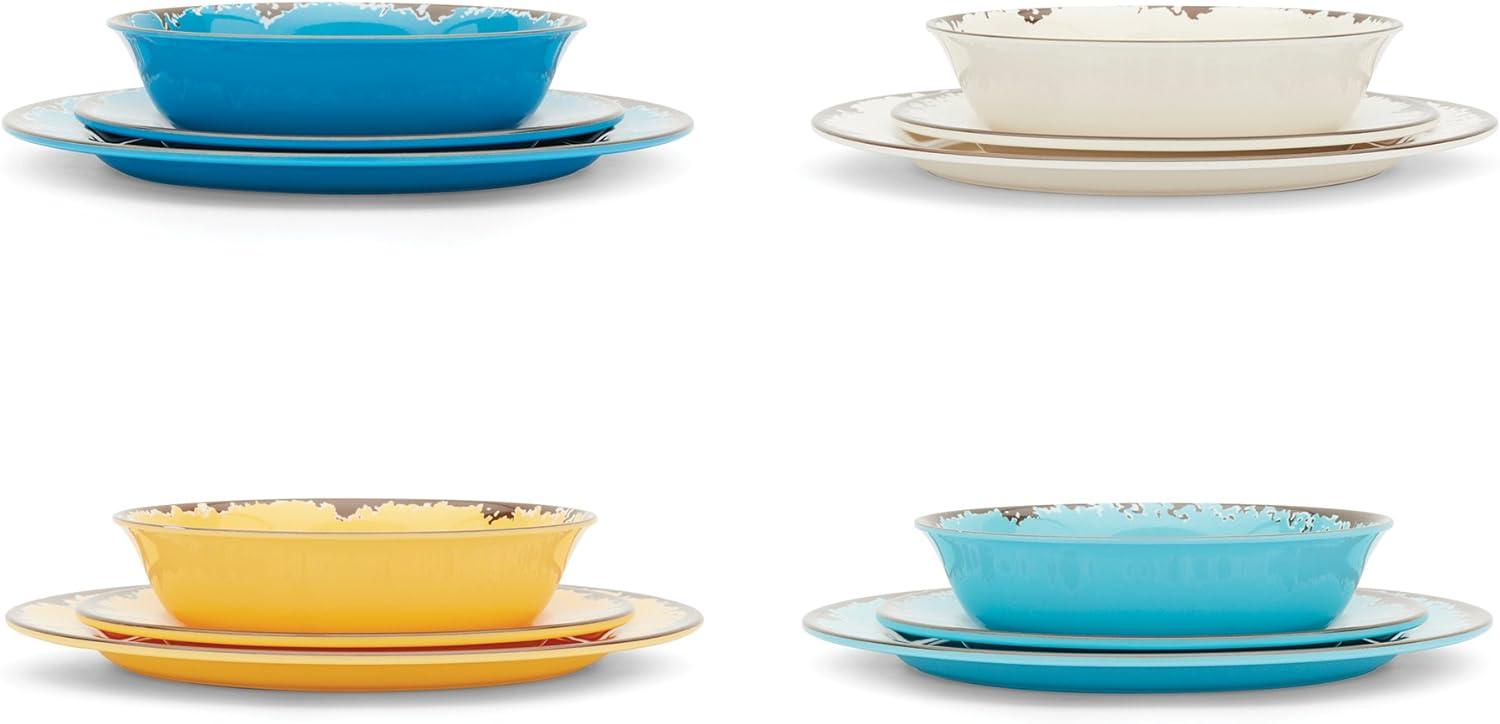 Fox Run Melamine Dinnerware Set, Off White, Dandelion Yellow, Sky Blue and Cornflower Blue, Set of 12